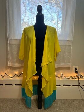 Lularoe Monroe Yellow Open Kimono with Teal Fringe